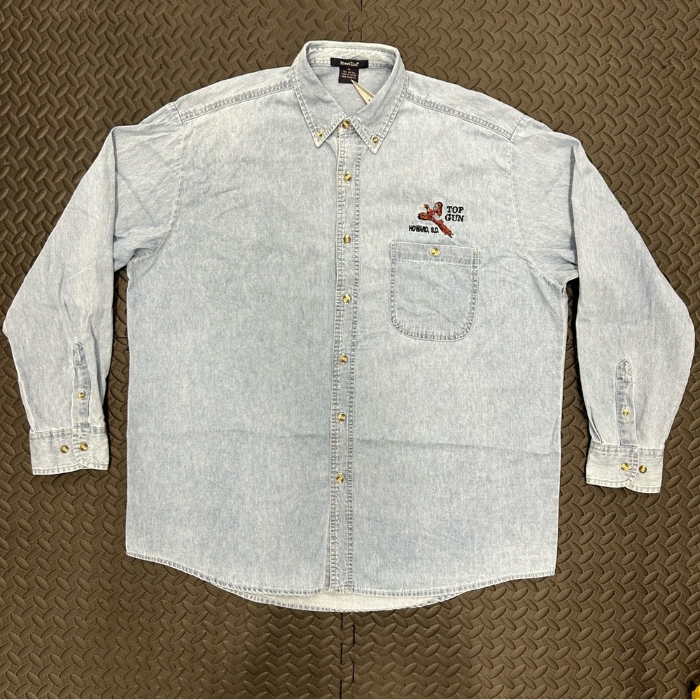 Rivers’ End Top Gun Denim Button Up Shirt Sz XL Blue Long Sleeves Pocket Ducks